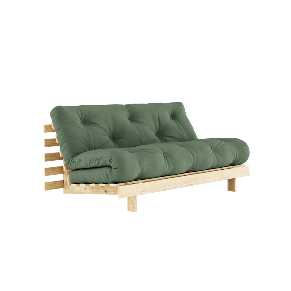 KARUP DESIGN Olivově zelená rozkládací pohovka ROOTS s konstrukcí ze světlého dřeva 160x200 cm