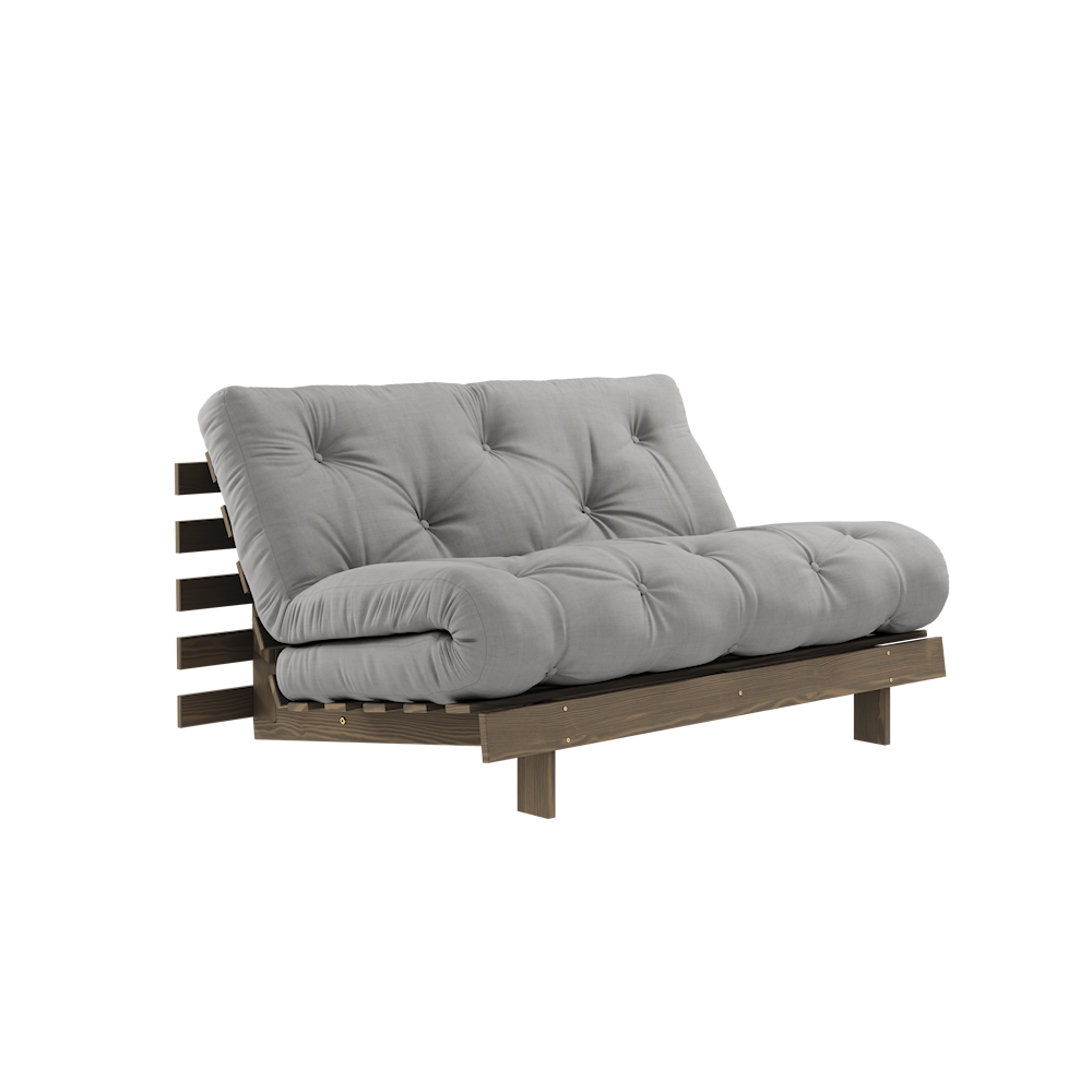 KARUP DESIGN Šedá rozkládací pohovka ROOTS s konstrukcí z tmavě hnědého dřeva 140x200 cm