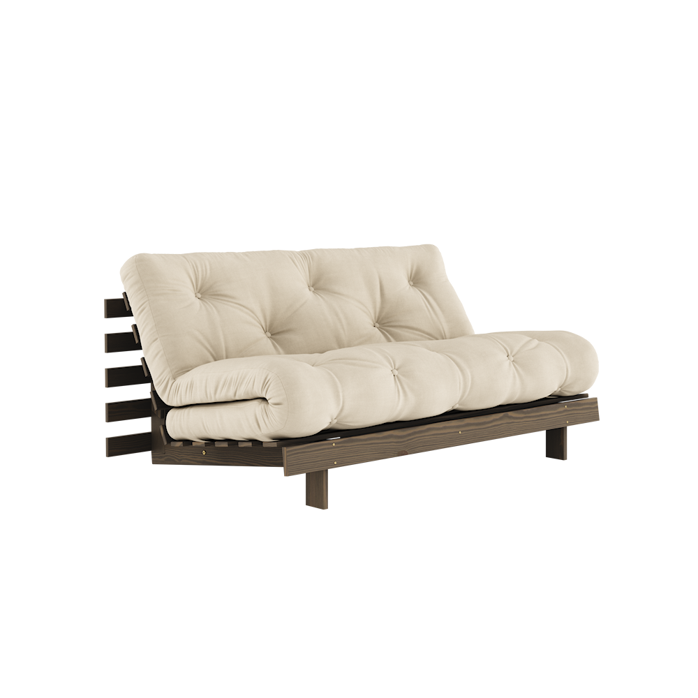 KARUP DESIGN Béžová rozkládací pohovka ROOTS s konstrukcí z tmavě hnědého dřeva 160x200 cm