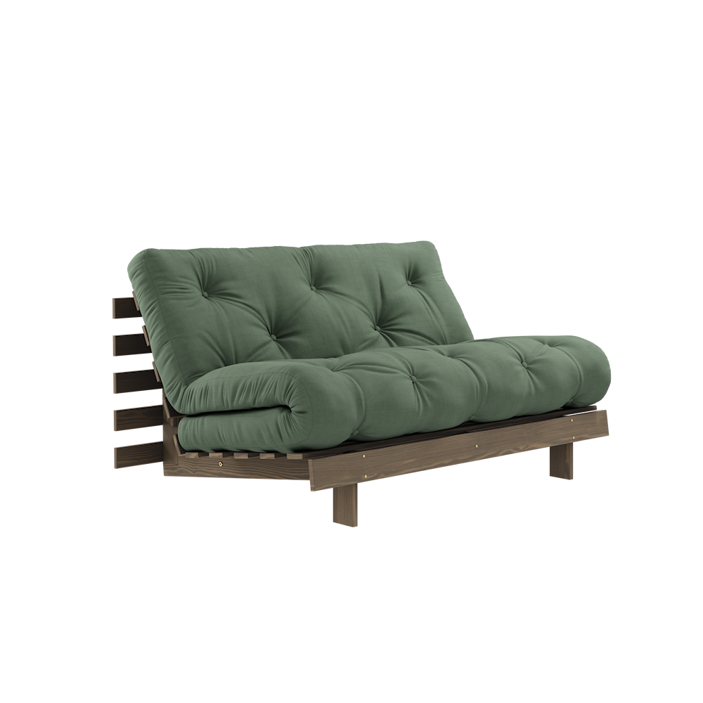 KARUP DESIGN Olivově zelená rozkládací pohovka ROOTS s konstrukcí z tmavě hnědého dřeva 140x200 cm